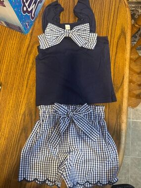 Navy Bow Tank with Blue Gingham Shorts Set NWOT